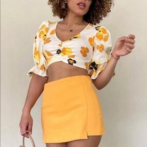 Zara Floral Print Balloon Sleeve Knit Crop Top Blouse